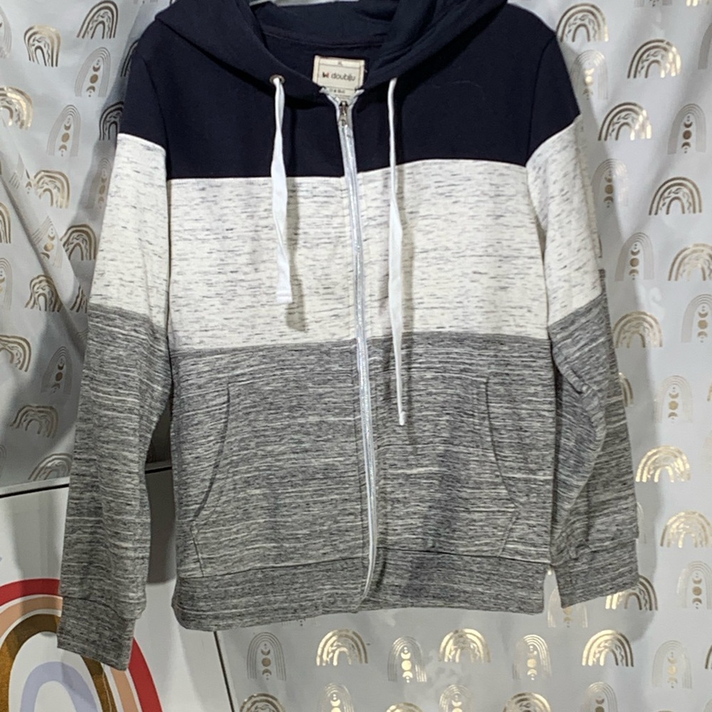 Doublju Men's Colorblock Hoodie - Navy, White, Gray